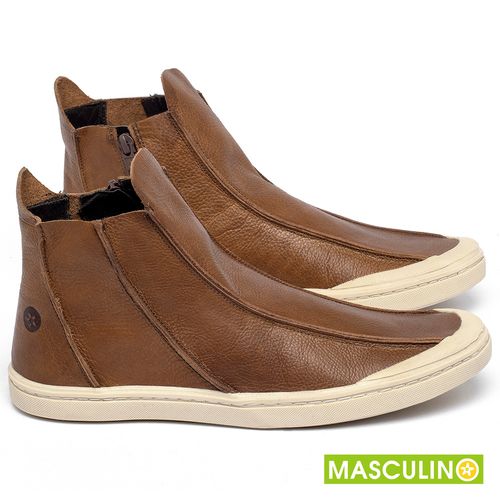 Tênis Masculino   Cano Alto em Couro Caramelo - Codigo - 141140