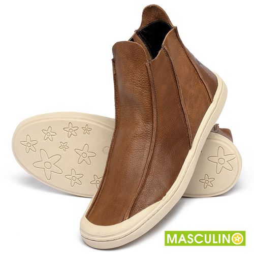 Tênis Masculino   Cano Alto em Couro Caramelo - Codigo - 141140