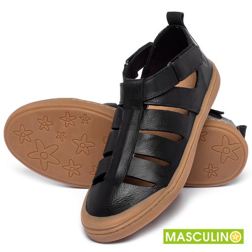 Tênis Masculino   Cano Baixo em Couro Preto - Codigo - 141196
