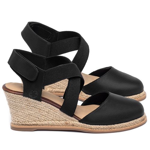 Anabela   Corda Salto de 5 cm em Couro Preto - Codigo - 9604