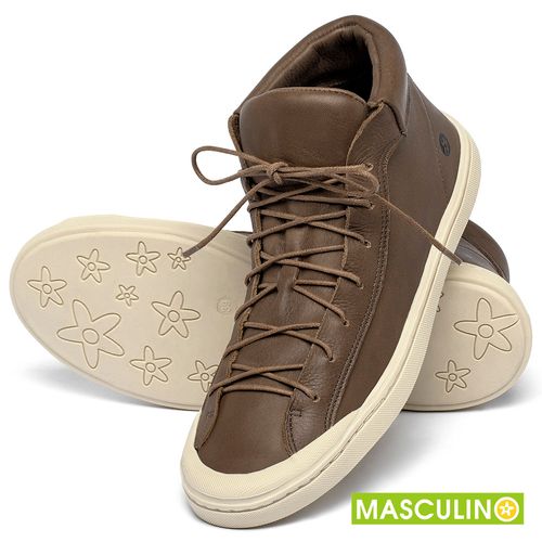 Tênis Masculino   Cano Alto em Couro Caramelo - Codigo - 141141