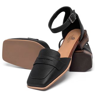 Scarpin   Bico Quadrado Salto de 2 cm em Couro Preto - Codigo - 9626