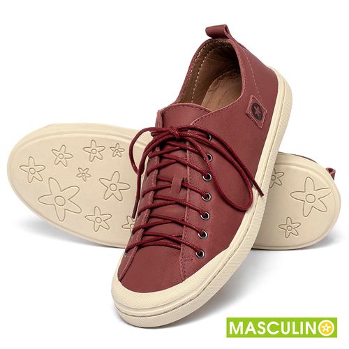 Tênis Masculino   Cano Baixo em Couro Vermelho - Codigo - 156073