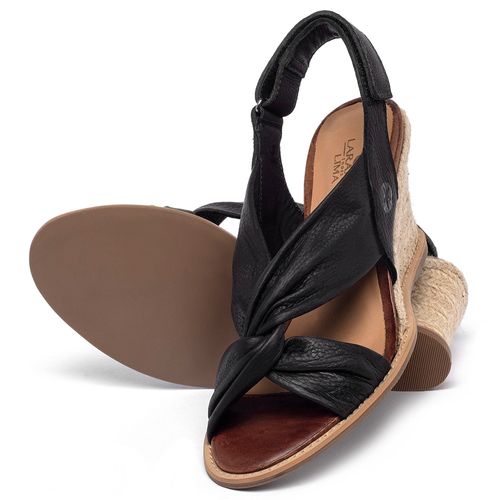 Anabela   Corda Salto de 7 cm em Couro Preto - Codigo - 9581