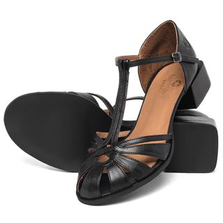 Sandália   Laranja Lima Shoes Classic Salto de Quadrado em Couro Preto - Codigo - 3930