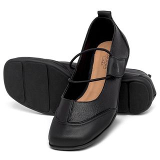 Sapatilha   Bico Quadrado em Couro Preto - Codigo - 9617