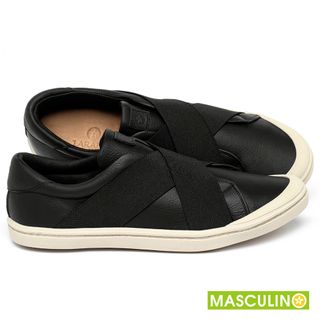 Tênis Masculino   Cano Baixo em Couro Preto - Codigo - 158014