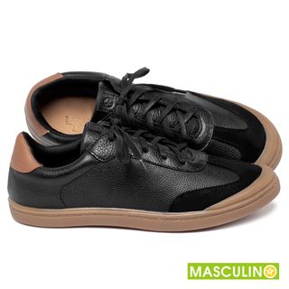 Tênis Masculino   Cano Baixo em Couro Preto - Codigo - 158031