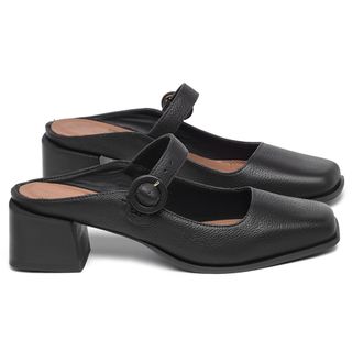 Scarpin   Bico Quadrado Salto de Quadrado em Couro Preto - Codigo - 9628