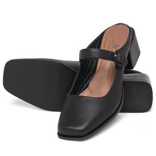 Scarpin   Bico Quadrado Salto de Quadrado em Couro Preto - Codigo - 9628