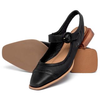 Scarpin   Bico Quadrado Salto de 1 cm em Couro Preto - Codigo - 9638
