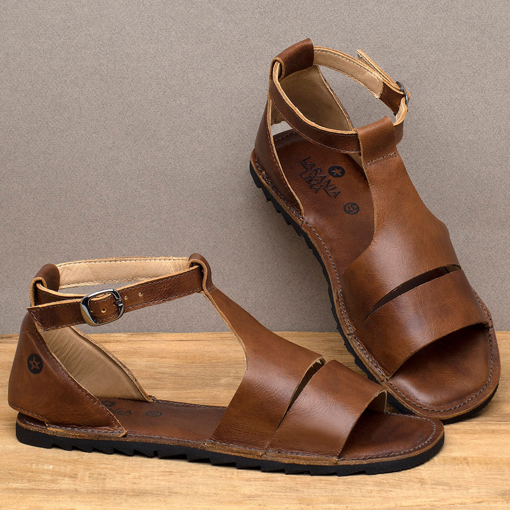Sand lia Rasteira Flat em Couro Marrom Codigo 141292 Laranja Lima Shoes