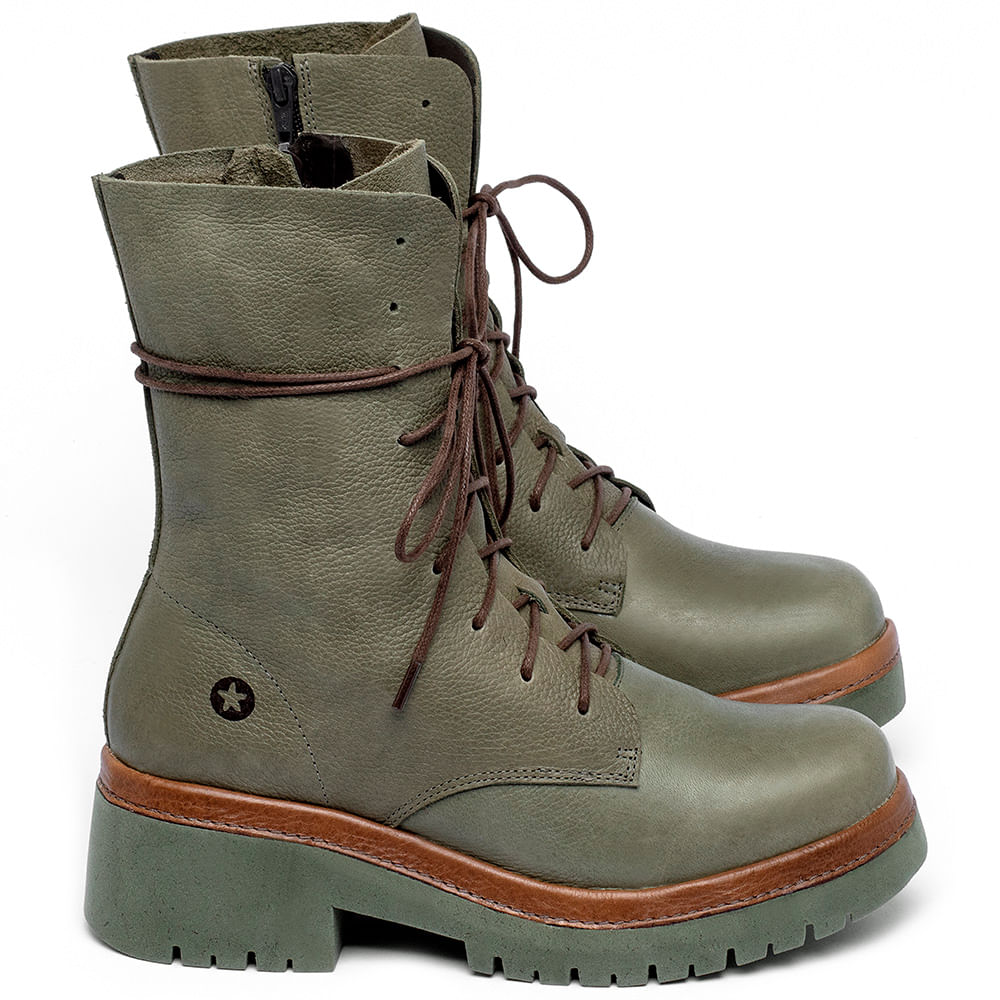 Bota Cano Longo Salto de 4 cm em Couro Musgo Codigo 153027