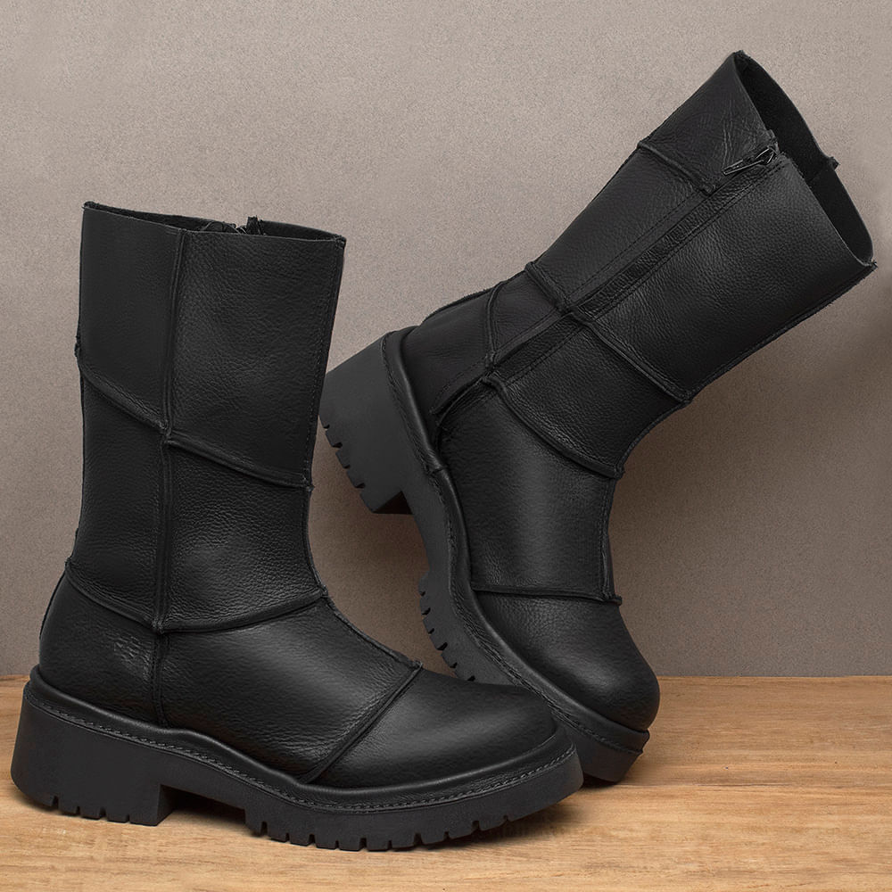 Bota Cano Longo Salto de 3 cm em Couro Preto Codigo 153028 Laranja Lima Shoes